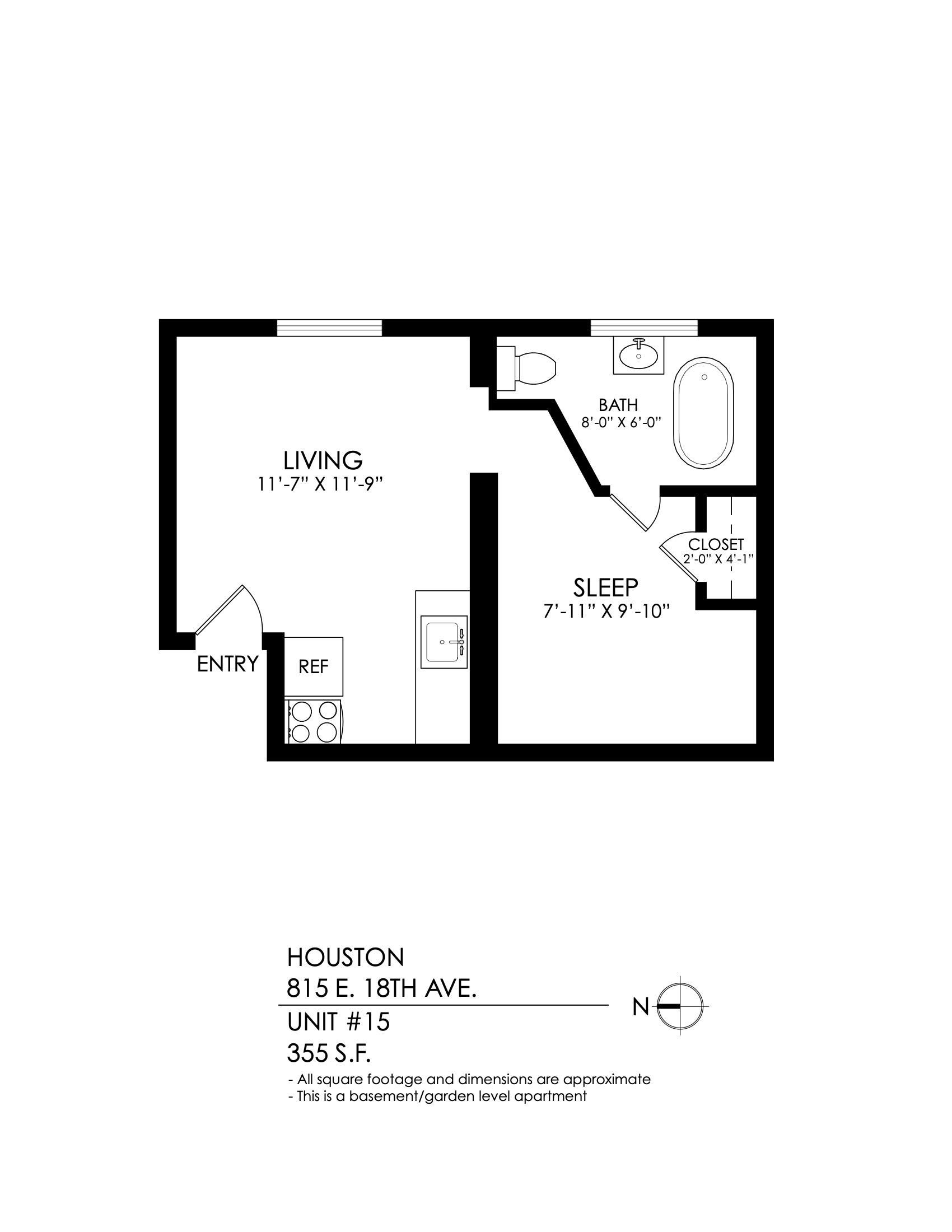 Floor plan for studio, 1 bath, 375 sqft